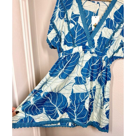 America & Beyond M Tropical Palm Fiesta‎ Crochet Trim Mini Dress Cover Up Tunic - Picture 4 of 12